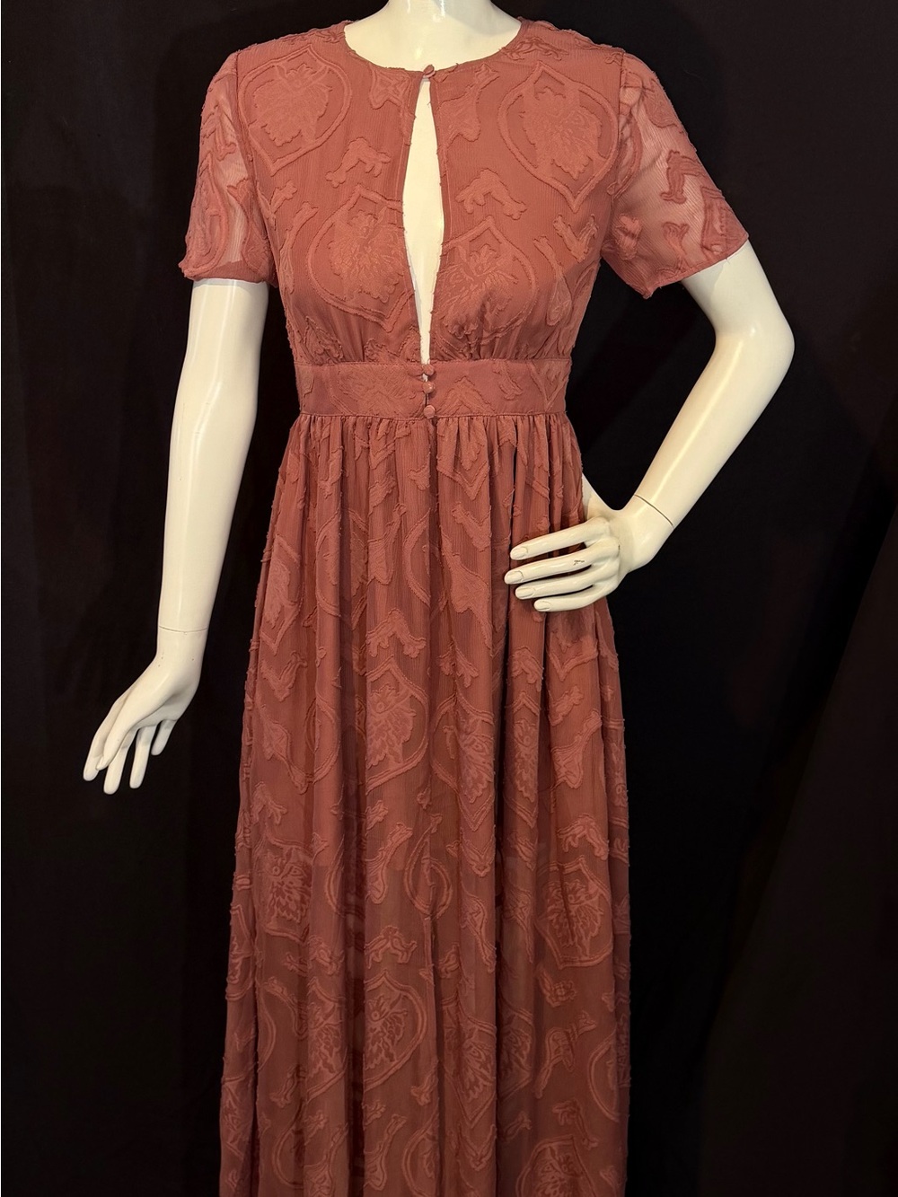 Dusty Rose Embroidered Keyhole Maxi Dress